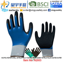 13G Polyester Shell Nitrile Fully Coated Inner, Sandy Nitrile Palm Coated Outer Gloves (N2005) with CE, En388, En420, Work Gloves